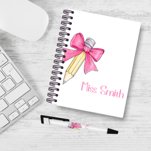 Personalised Pencil Bow Teacher Notebook & Pen Bundle